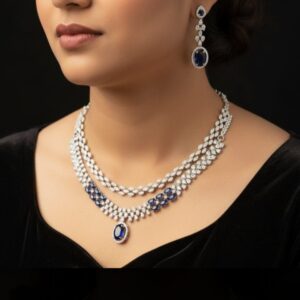 Elegant Royal Blue Diamond Style Necklace and Earrings Set
