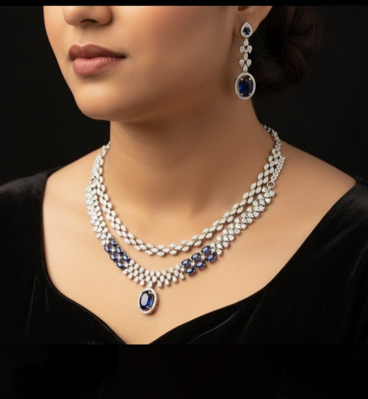 Elegant Royal Blue Diamond Style Necklace and Earrings Set